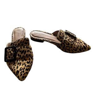 Halogen Cheetah Print Elyssa Buckle Mule Calf Hair Flats Women's 7 Pointy Toe‎